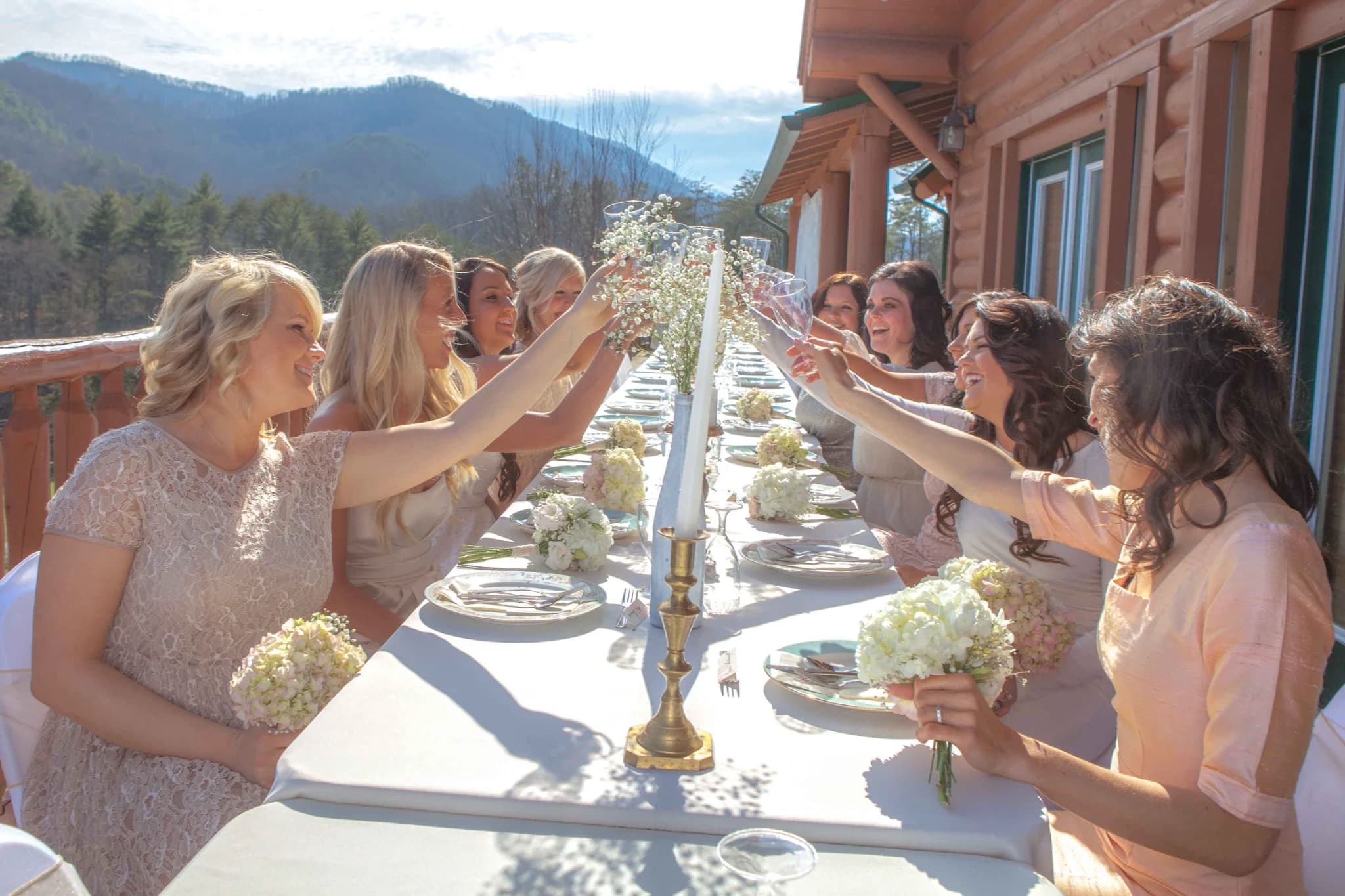 Wedding toast on an outdoor deck with Smoky Mountains views near Dollywood at Moose Hollow Lodge in Pigeon Forge