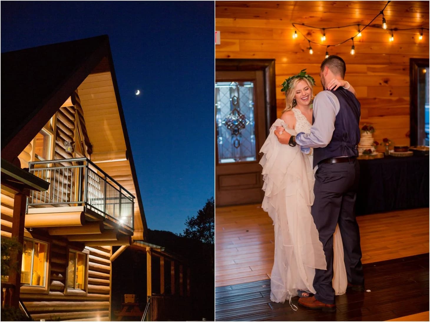 Wedding reception dance and rustic cabin at night at Moose Hollow Lodge in Pigeon Forge near the Smoky Mountains