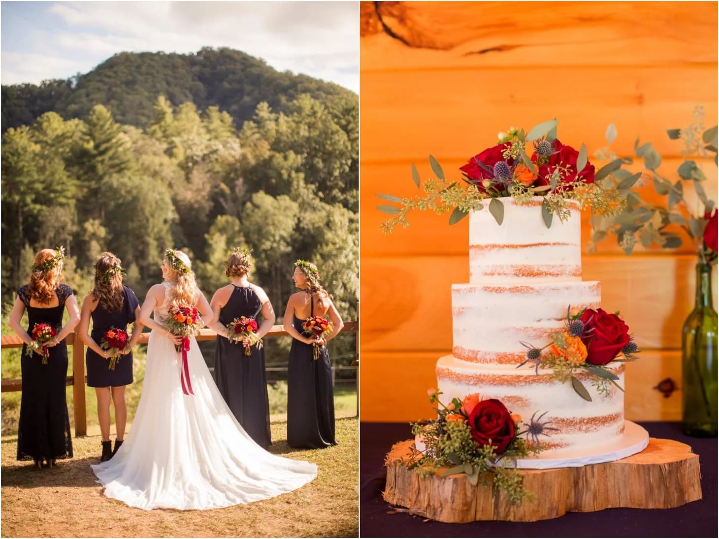 Bride and bridesmaids overlooking Smoky Mountains and rustic wedding cake at Moose Hollow Lodge in Pigeon Forge