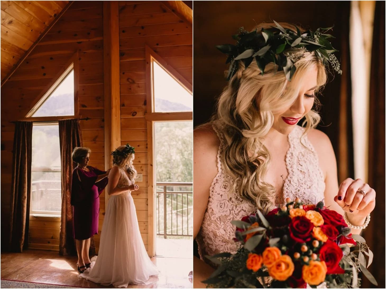 Bride getting ready in rustic log cabin wedding suite at Moose Hollow Lodge in Pigeon Forge
