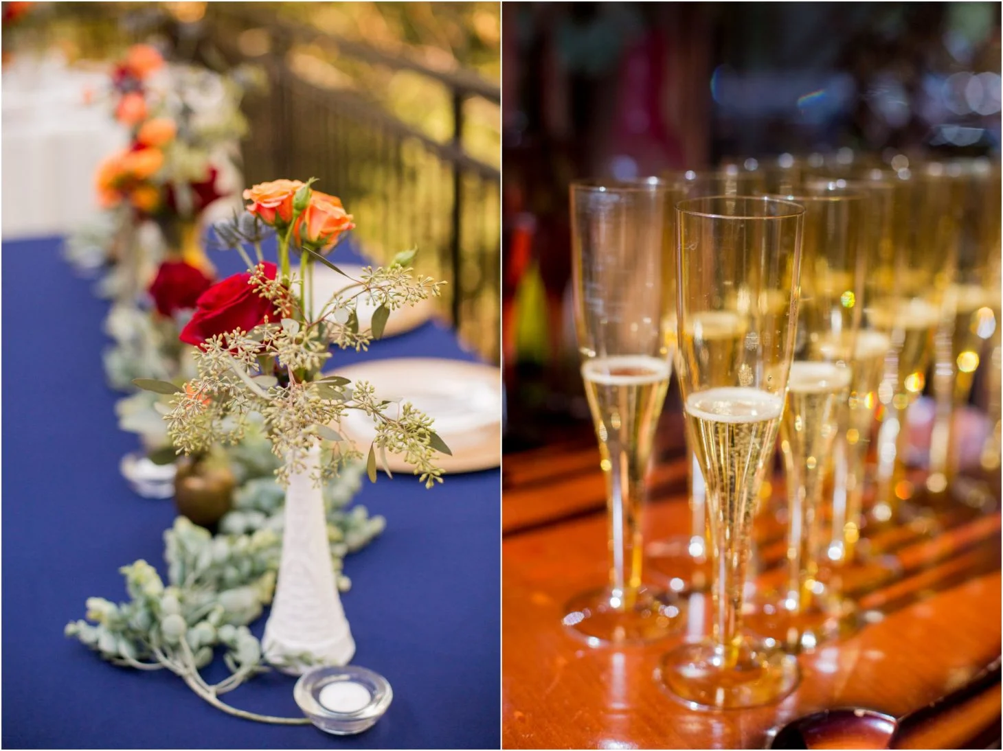 Wedding reception table floral centerpieces and champagne flutes at Moose Hollow Lodge in Pigeon Forge near Dollywood