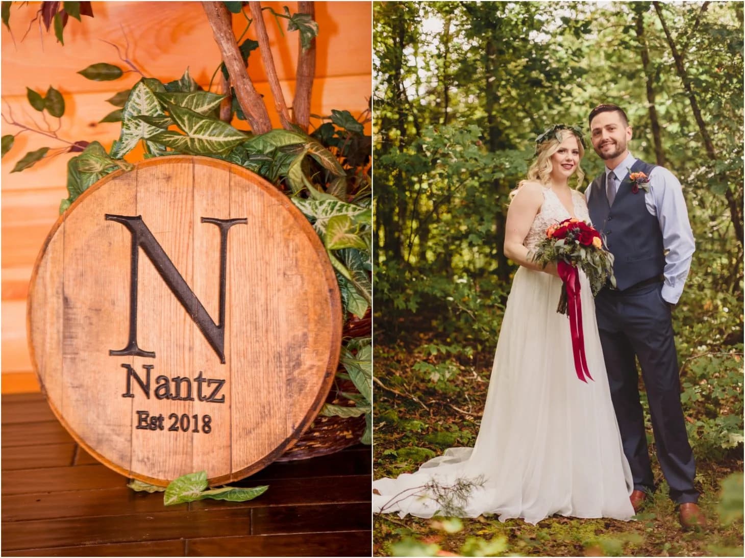 Bride and groom wedding portrait with rustic decor near the Smoky Mountains at Moose Hollow Lodge in Pigeon Forge