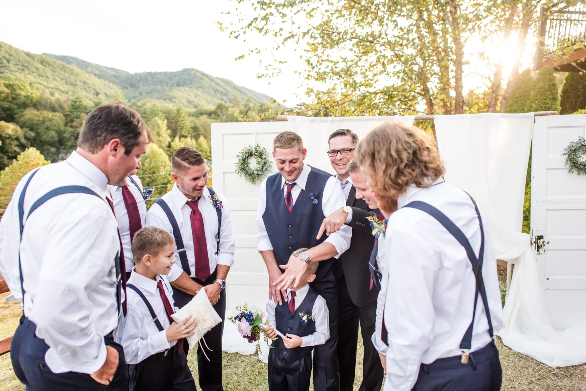 Groomsmen at outdoor wedding with Smoky Mountains views near Dollywood at Moose Hollow Lodge in Pigeon Forge
