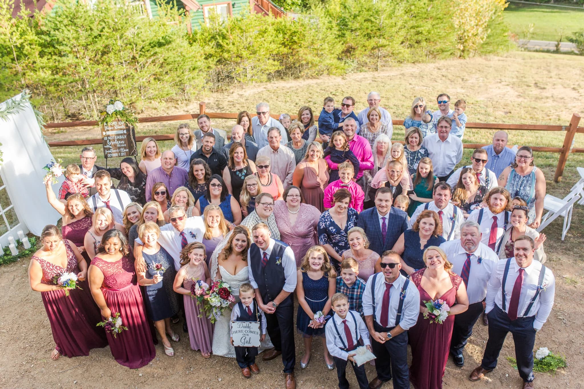 Large wedding group photo at outdoor venue near Smoky Mountains at Moose Hollow Lodge in Pigeon Forge