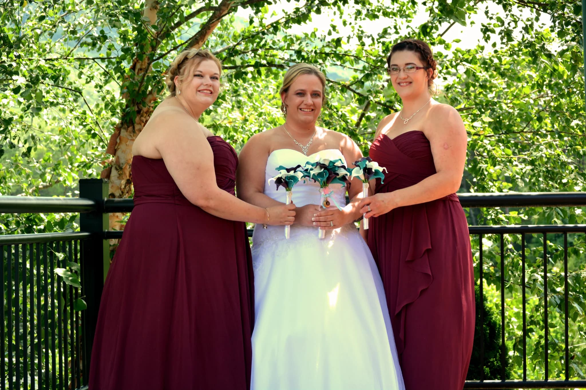 Bride and bridesmaids on a scenic outdoor deck at Moose Hollow Lodge near Smoky Mountains in Pigeon Forge