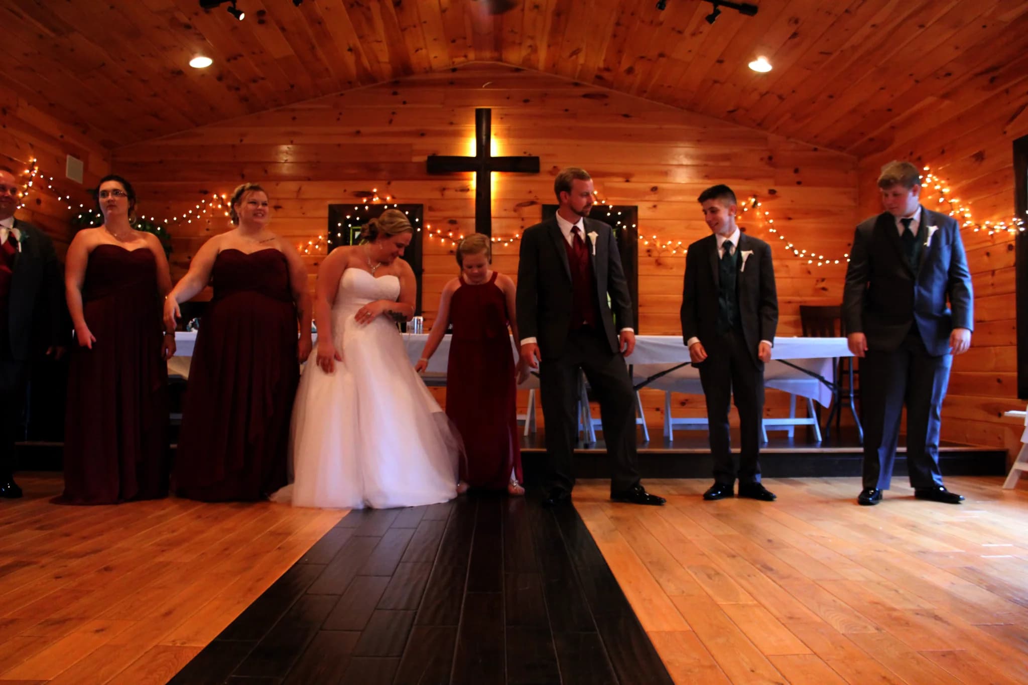 Rustic wood-paneled wedding chapel with an altar at Moose Hollow Lodge in Pigeon Forge
