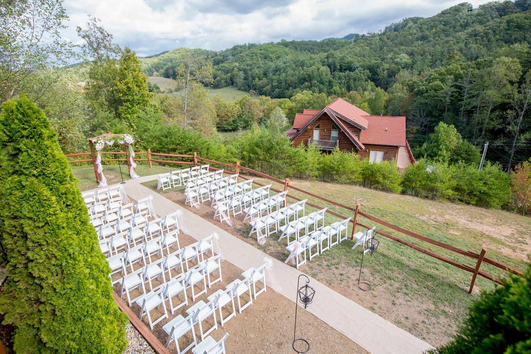 Outdoor wedding altar and chairs with Smoky Mountain views near Dollywood at Moose Hollow Lodge in Pigeon Forge