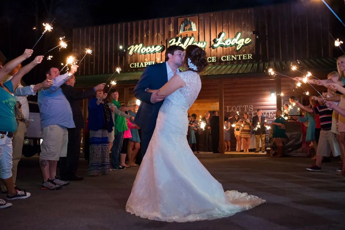 Bride and groom wedding sparkler send-off at Moose Hollow Lodge in Pigeon Forge near Smoky Mountains