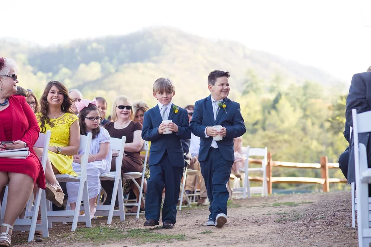 Ring bearers at outdoor wedding with Smoky Mountain views near Dollywood at Moose Hollow Lodge in Pigeon Forge