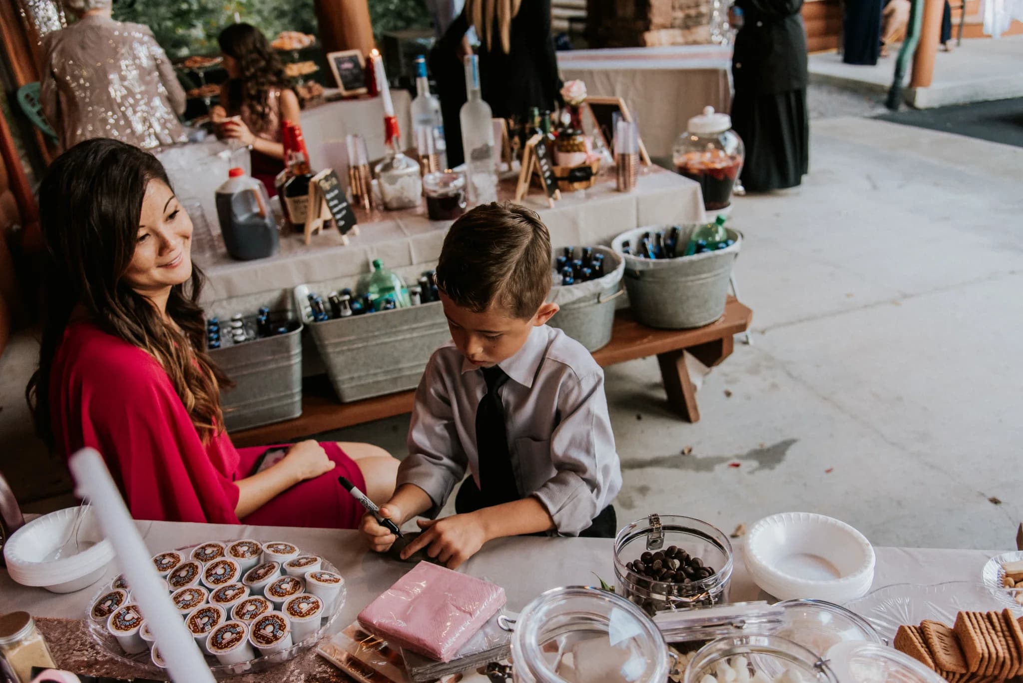 Wedding reception coffee and snack bar on a covered patio at Moose Hollow Lodge in Pigeon Forge near Dollywood