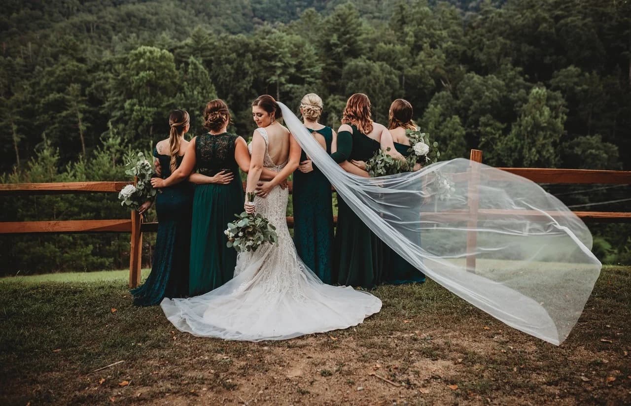 Bride and bridesmaids with Smoky Mountains views near Dollywood at Moose Hollow Lodge in Pigeon Forge