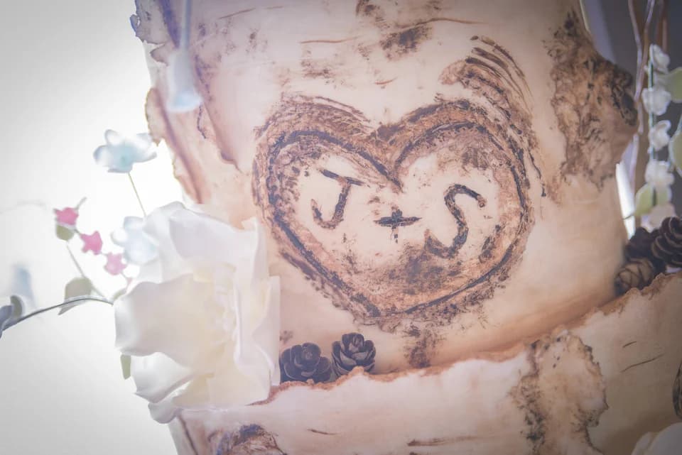 Rustic birch bark wedding cake with carved heart and initials at Moose Hollow Lodge in Pigeon Forge.