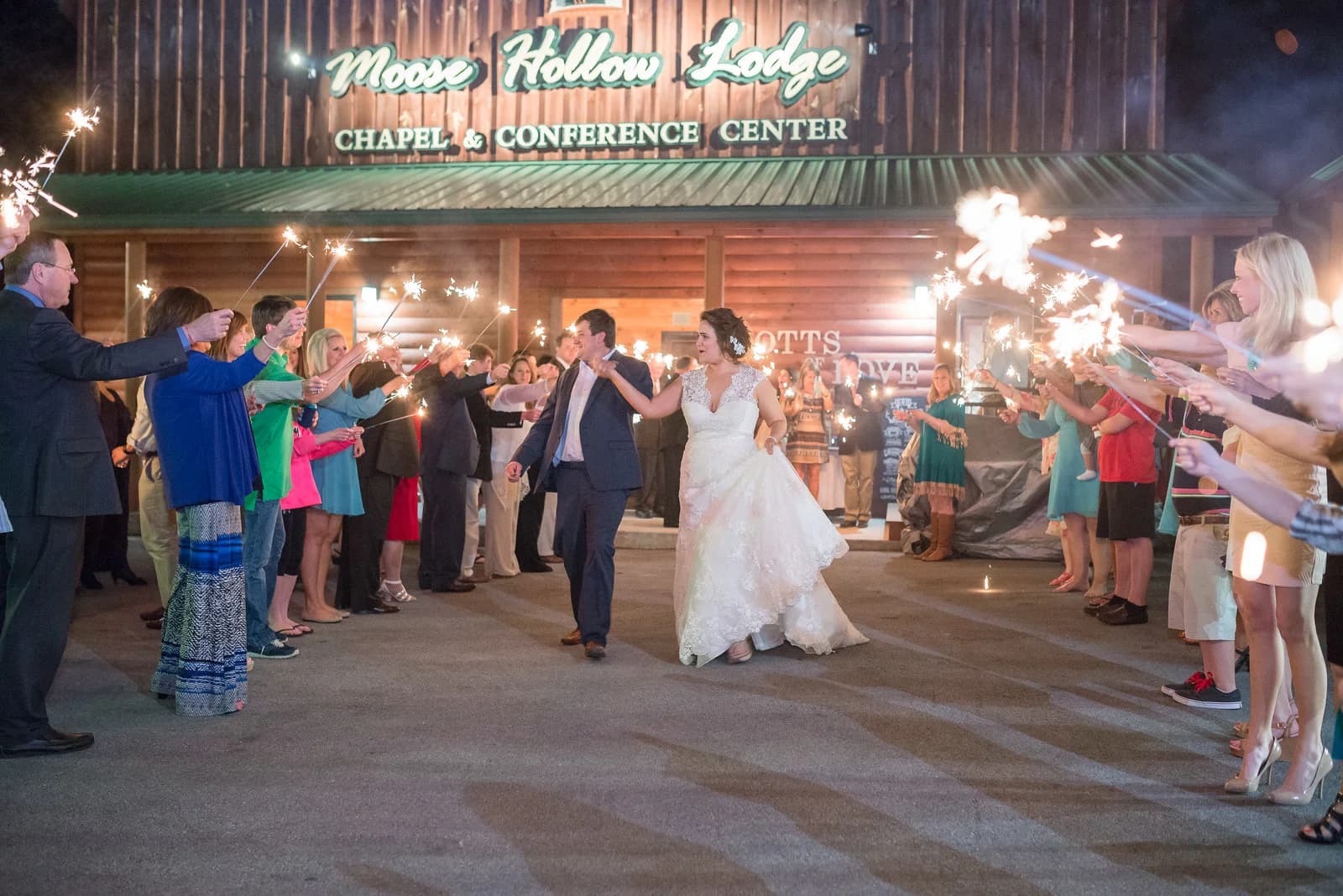 Wedding sparkler send-off at the outdoor chapel at Moose Hollow Lodge in Pigeon Forge near Dollywood