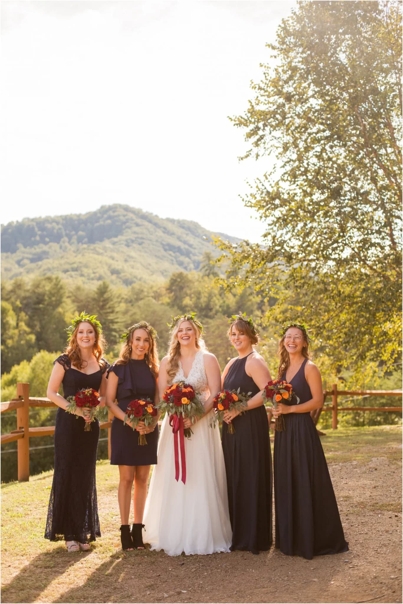Bride and bridesmaids with mountain views at Moose Hollow Lodge in Pigeon Forge near the Smoky Mountains
