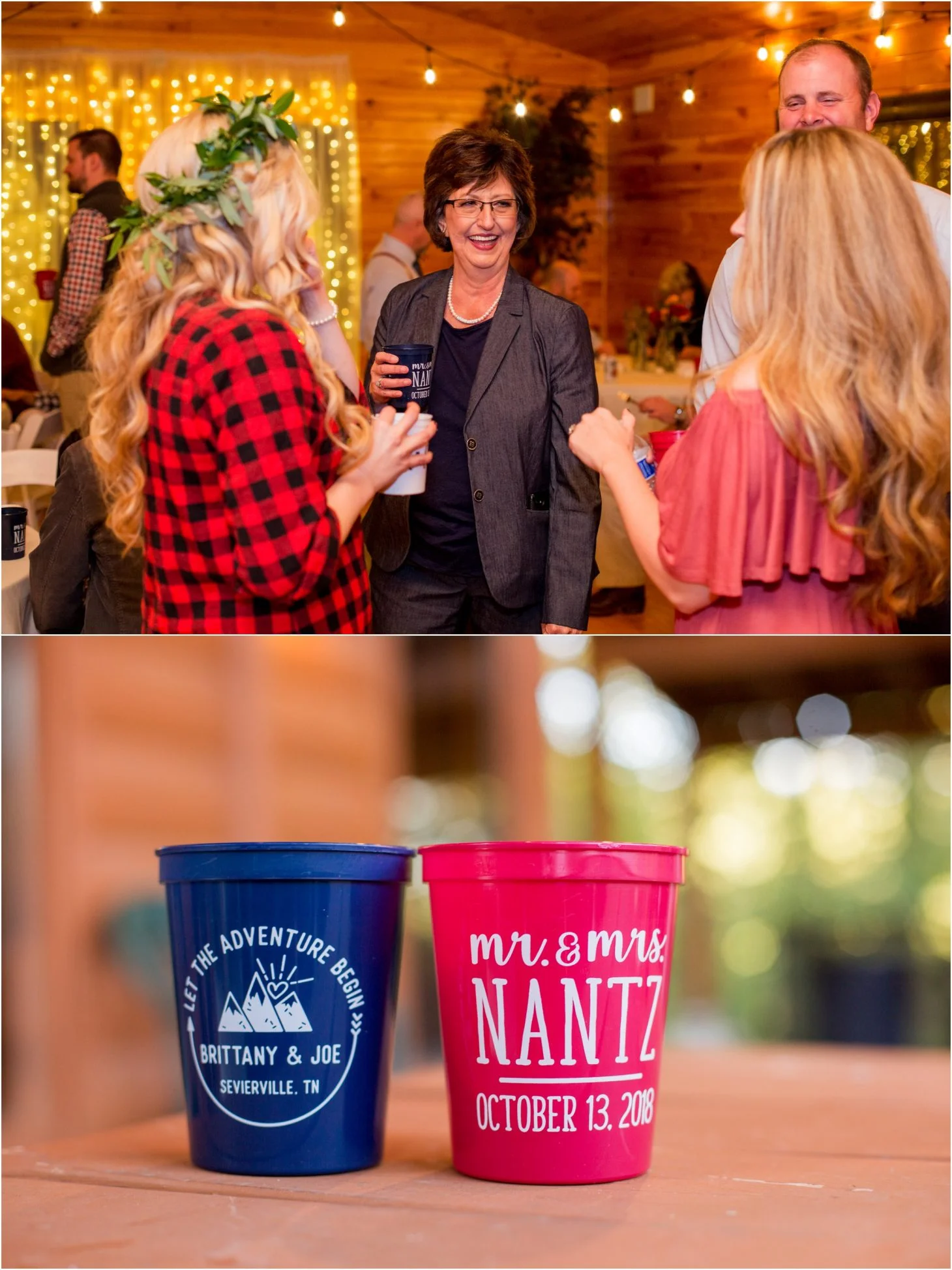 Wedding guests with custom favor cups at a rustic indoor reception at Moose Hollow Lodge in Pigeon Forge