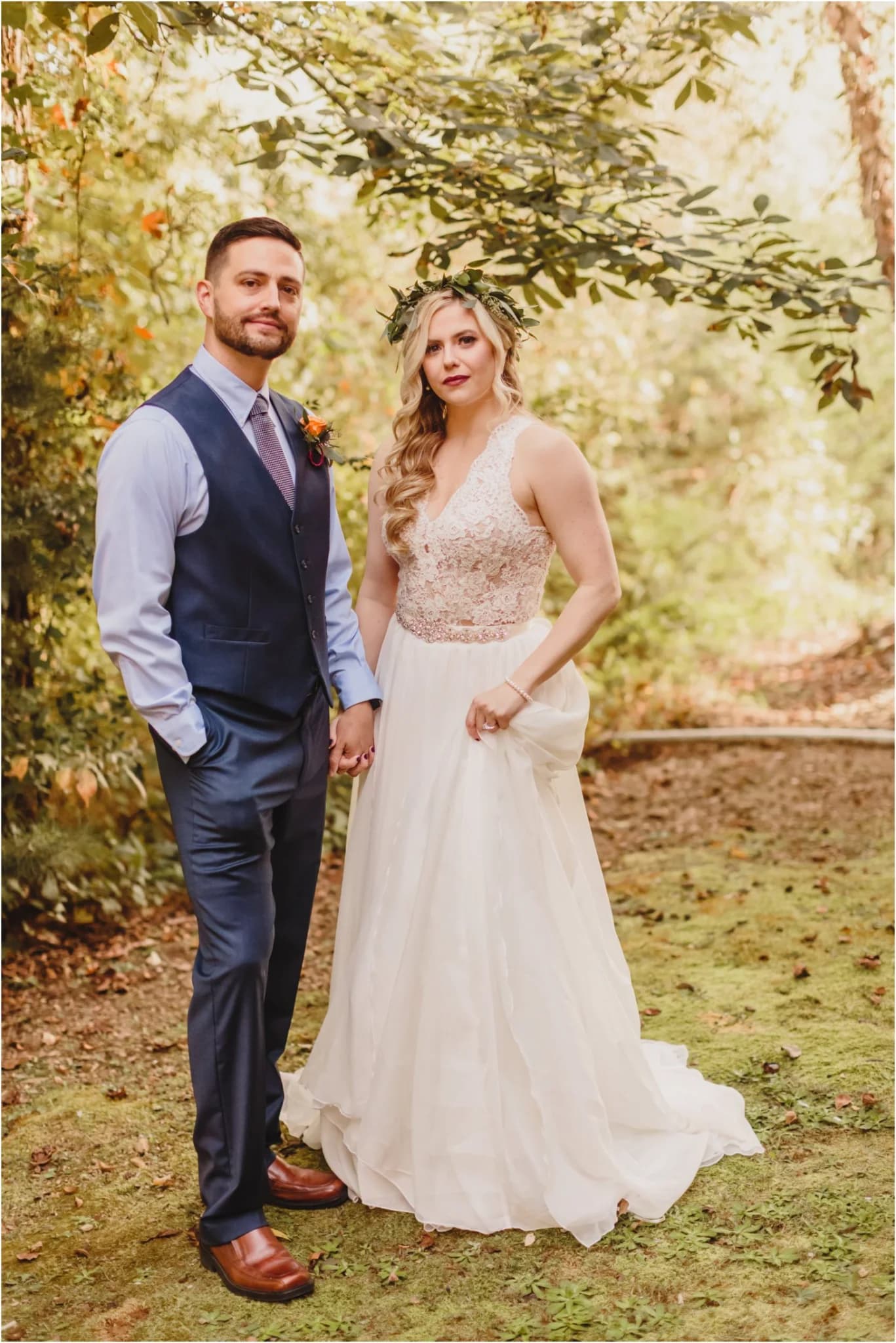 Wedding couple in lush forest setting at Moose Hollow Lodge in Pigeon Forge near the Smoky Mountains.