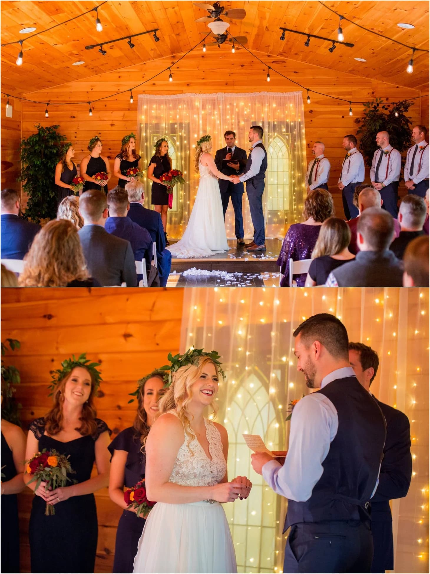 Indoor wedding ceremony with string light backdrop in a rustic wood chapel at Moose Hollow Lodge in Pigeon Forge