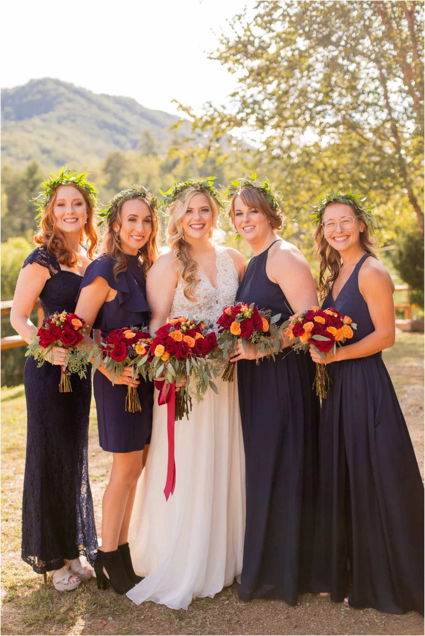 Bride and bridesmaids with Smoky Mountains views at Moose Hollow Lodge in Pigeon Forge near Dollywood