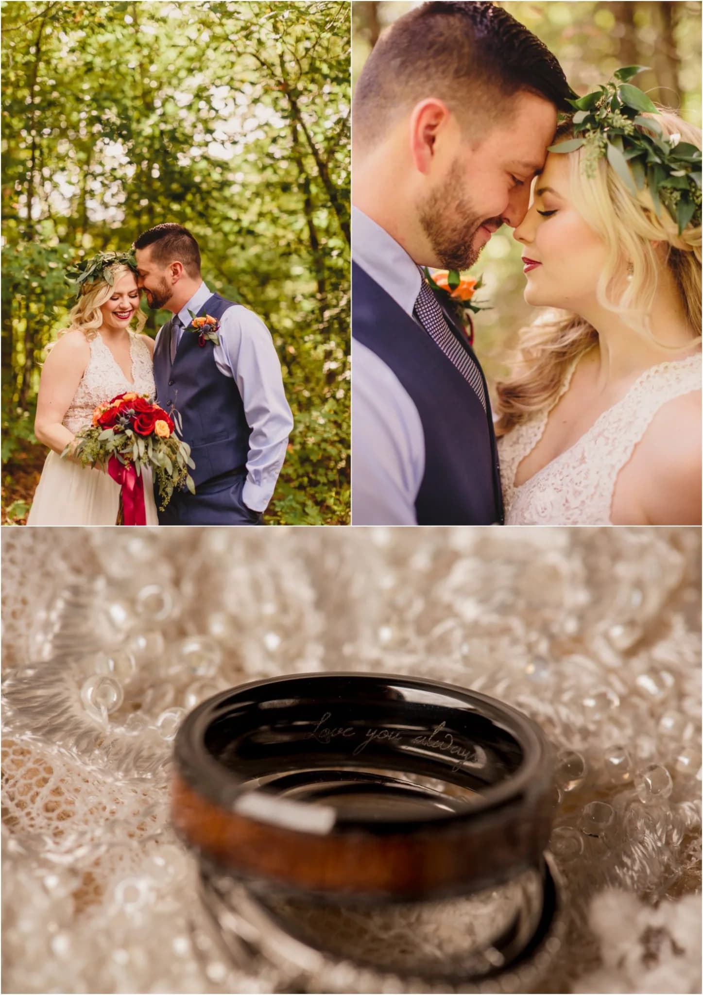 Wedding couple with red bouquet and engraved rings near Smoky Mountains at Moose Hollow Lodge in Pigeon Forge