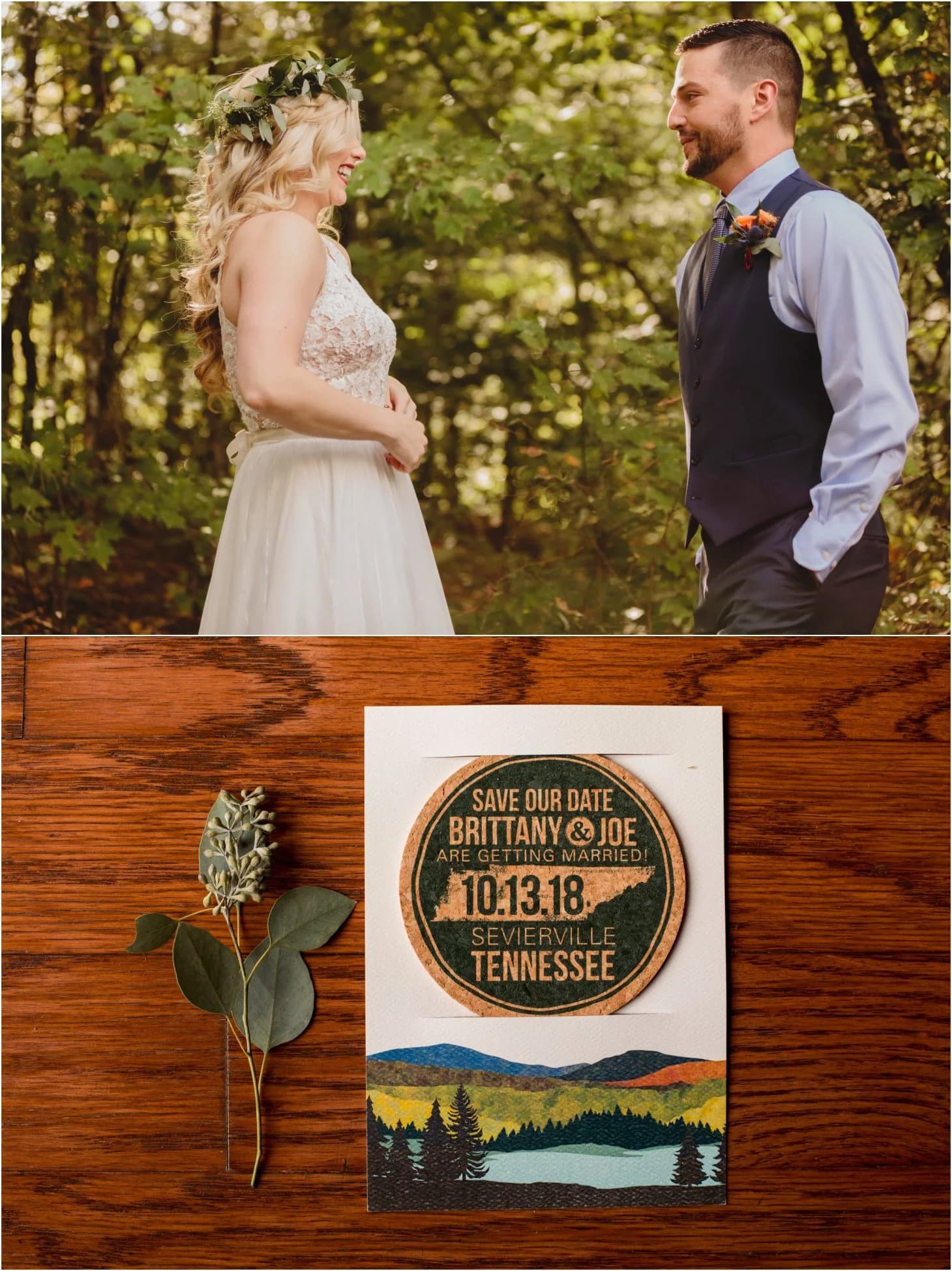 Bride and groom in forest and mountain save the date at Moose Hollow Lodge in Pigeon Forge near Smoky Mountains