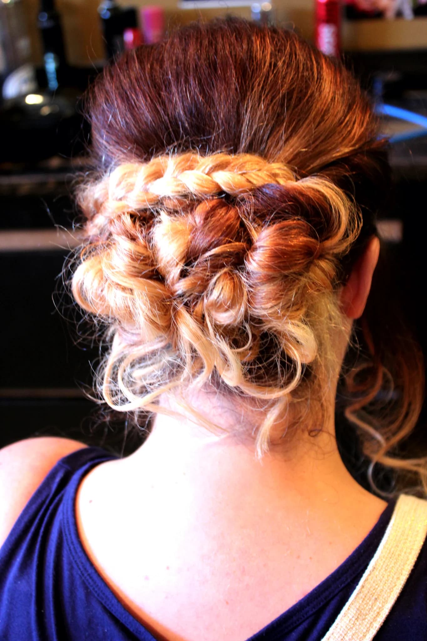 Bridal updo with blonde and auburn braids for a wedding at Moose Hollow Lodge in Pigeon Forge