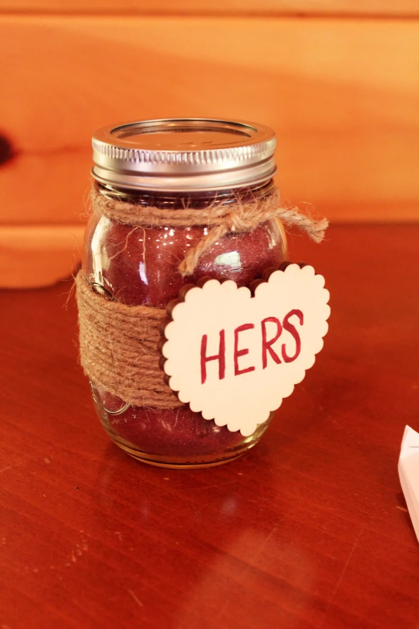 Rustic 'Hers' wedding sand ceremony jar at Moose Hollow Lodge in Pigeon Forge