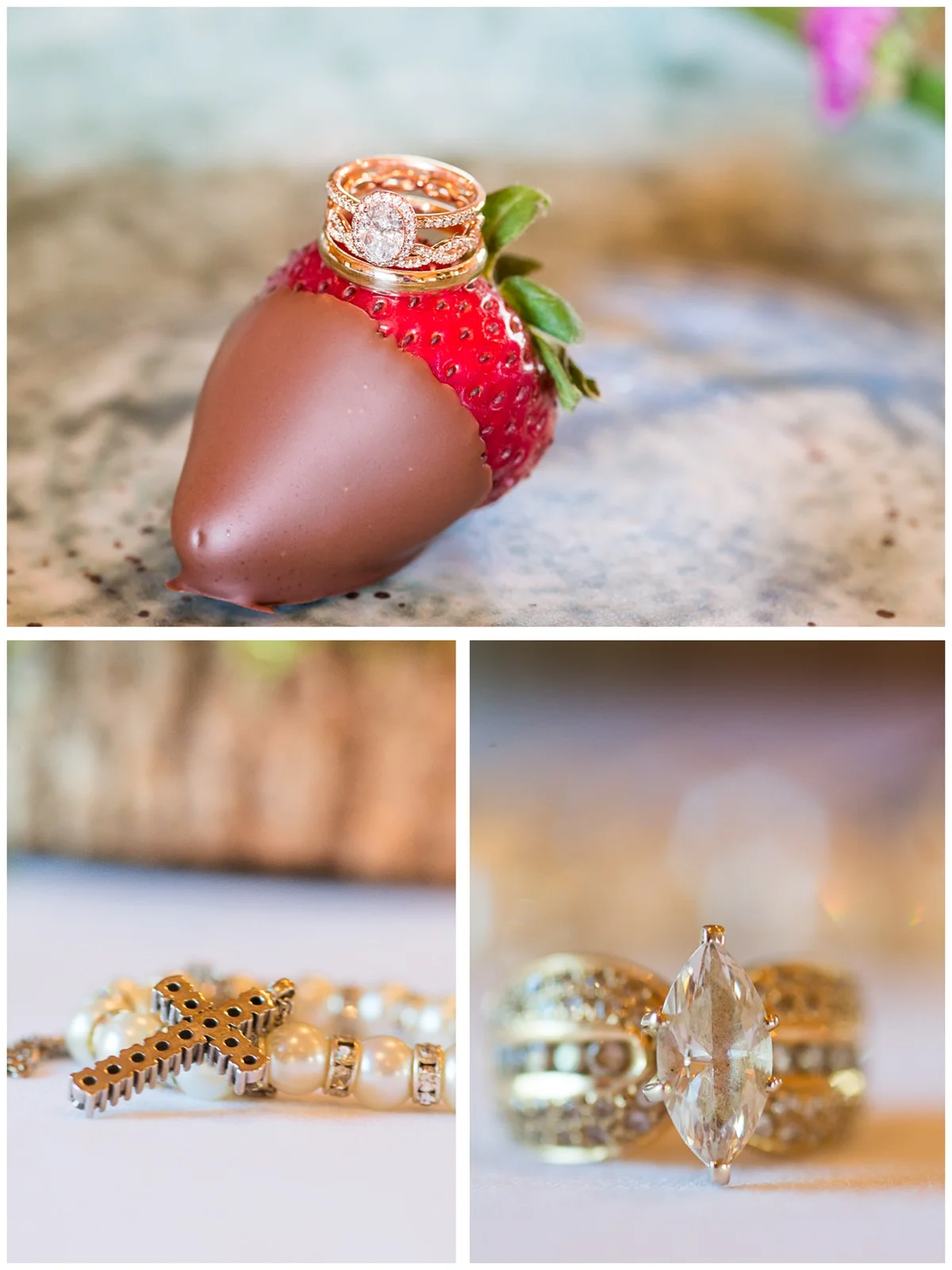 Wedding rings on a chocolate strawberry and bridal jewelry at Moose Hollow Lodge in Pigeon Forge