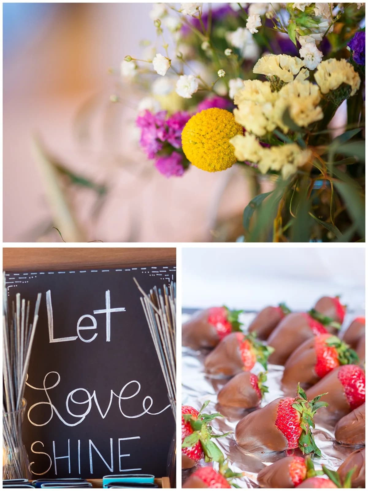 Colorful wedding flowers, sparkler sign, and chocolate strawberries at Moose Hollow Lodge in Pigeon Forge